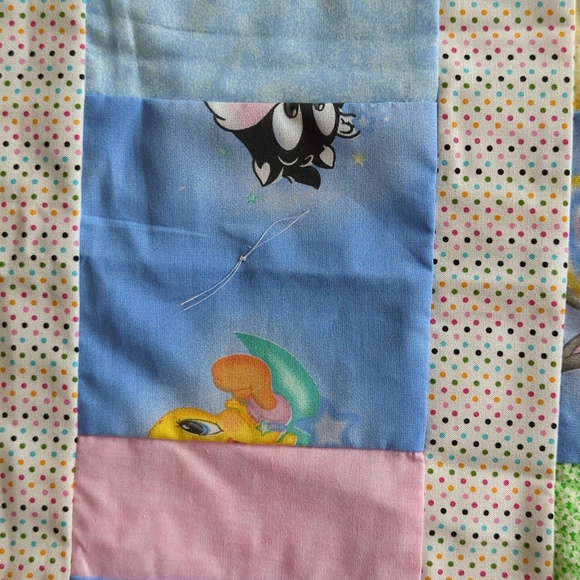 Vintage 90's Reversible Patchwork Looney Tunes Characters Baby Blanket Blue Pink - Picture 7 of 16